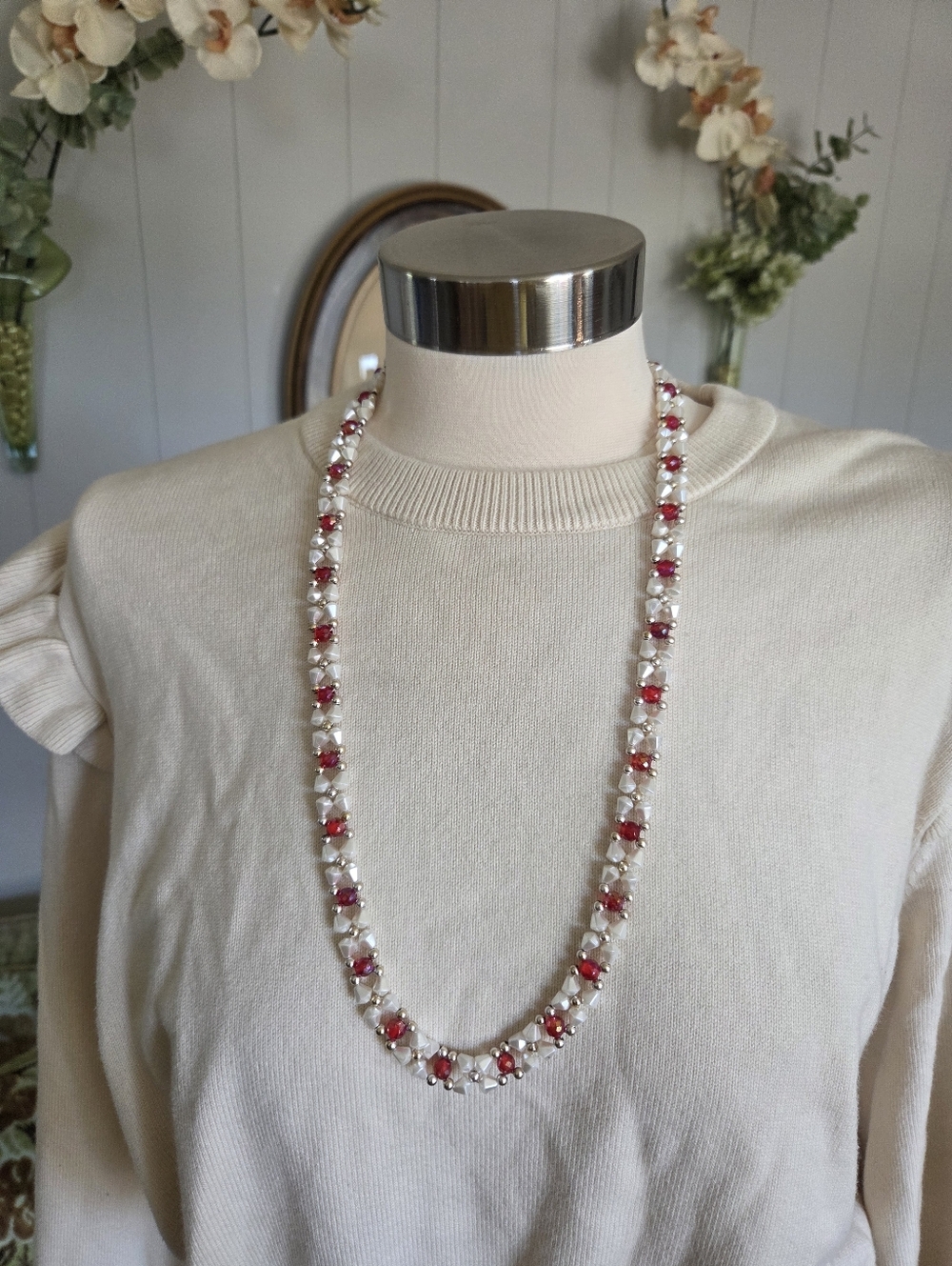Vintage Handmade Long White and Pink Bead Necklace